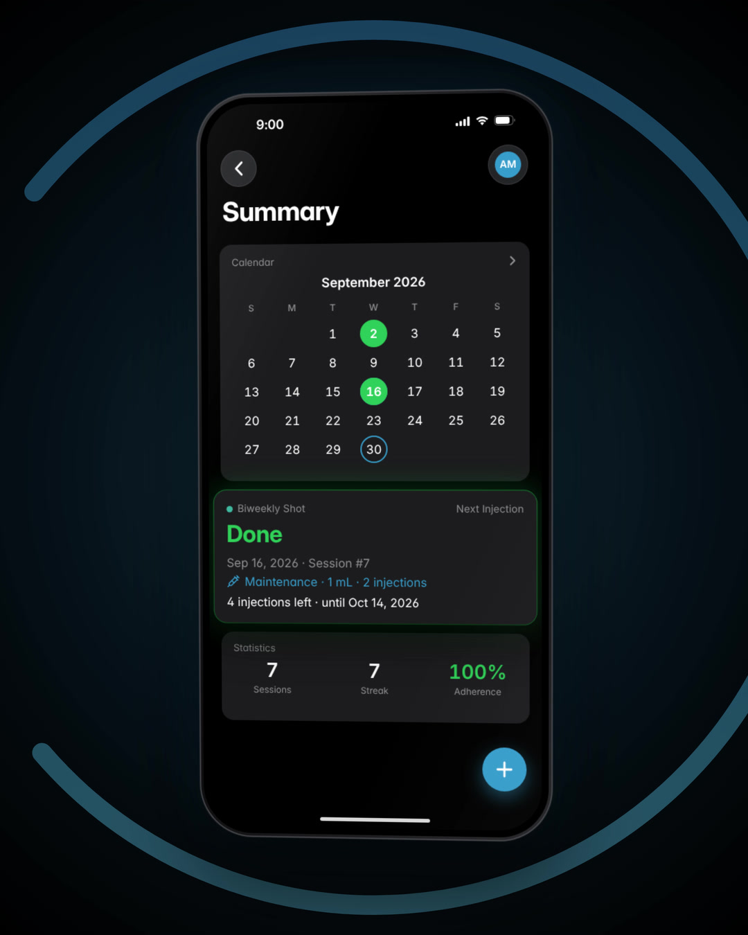 The Summary screen. A September 2026 calendar with the 2nd and the 16th marked green, and the Biweekly Shot card reading Done: Sep 16, 2026, session 7, maintenance, 1 mL, 2 injections, 4 injections left until Oct 14, 2026.